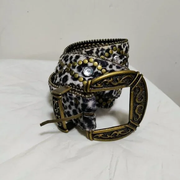 NWOT Calf Hair Embellished Rhinestone Studded Punk Y2K Rocker Waist Belt S / M - Picture 5 of 9